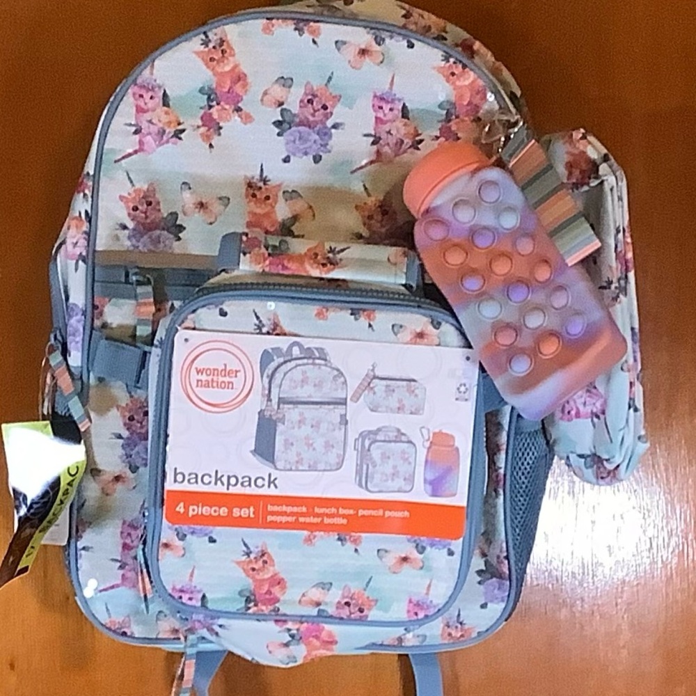 Floral cat unicorn Kids 4 piece 17” Backpack